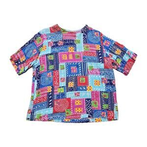 Vtg Floral Patchwork Blouse Womens XL Multicolor Artsy Boho Hippie Multicolor
